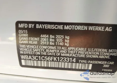 2015 BMW 328I z USA, uszkodzony, nr VIN WBA3C1C56FK123314